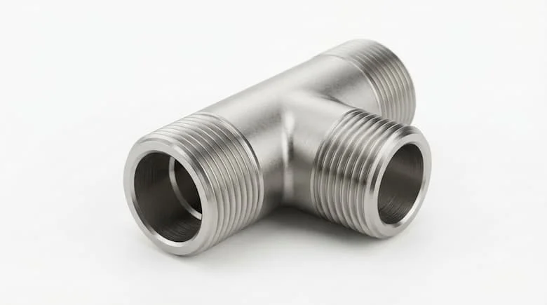 một phụ kiện nối ống chữ T ren ngoài 1/2 inch (DN15) cực kỳ chân thực làm từ thép không gỉ 304 cao cấp.