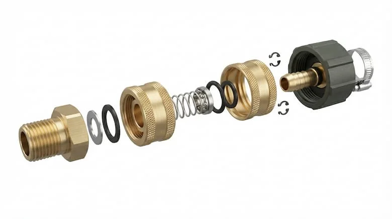 Hình ảnh kỹ thuật chi tiết của một đầu nối ống nước nhanh 21mm (DN15), thể hiện tất cả các bộ phận bên trong bao gồm thân đầu nối, ống khóa, cơ cấu lò xo, vòng đệm cao su, đầu nối đực, đầu nối cái, kẹp khóa và kết nối ren