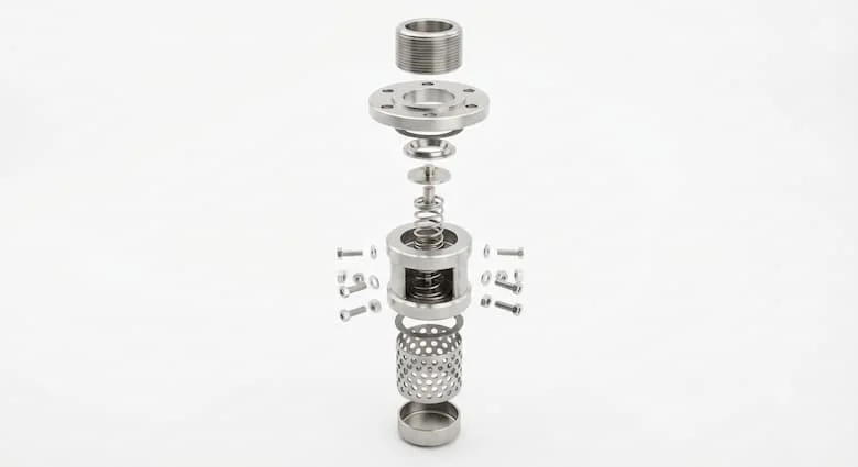 bản vẽ kỹ thuật 3D chi tiết dạng hình chiếu tách rời của một van chân công nghiệp (van chân bơm). Hiển thị tất cả các bộ phận bên trong một cách riêng biệt, bao gồm thân van, lưới lọc bằng thép không gỉ, đĩa van, lò xo, gioăng làm kín, đế van, khớp nối ren, bu lông và cơ cấu kiểm tra bên trong