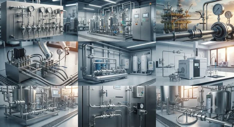 một bức tranh ghép công nghiệp chân thực thể hiện các van bi dạng ống được sử dụng trong hệ thống đo lường, nhà máy hóa chất, cơ sở dầu khí, hệ thống thủy lực, hệ thống khí nén, thiết bị phòng thí nghiệm, sản xuất dược phẩm, sản xuất chất bán dẫn và công nghiệp chế biến thực phẩm