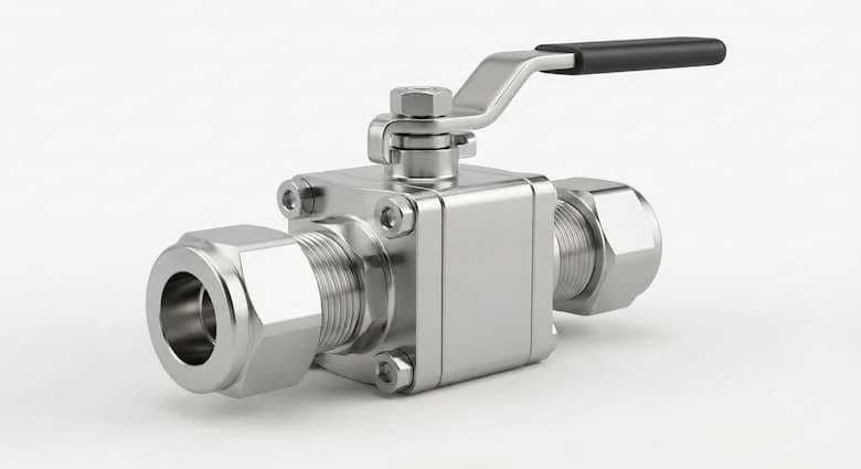 bản dựng 3D sản phẩm siêu thực của van bi ống thép không gỉ với khớp nối ống nén kép ở cả hai đầu. Thể hiện cấu trúc gia công CNC chính xác, thân van SS316 được đánh bóng, tay cầm cần xoay ¼ vòng, kỹ thuật công nghiệp cao cấp và kết cấu kim loại chất lượng cao.