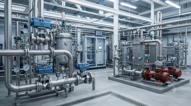 Một nhà máy chế biến công nghiệp hiện đại với các van bi V-port được lắp đặt trên đường ống thép không gỉ để kiểm soát lưu lượng chính xác. Bao gồm các thiết bị truyền động điện, thiết bị truyền động khí nén, máy bơm