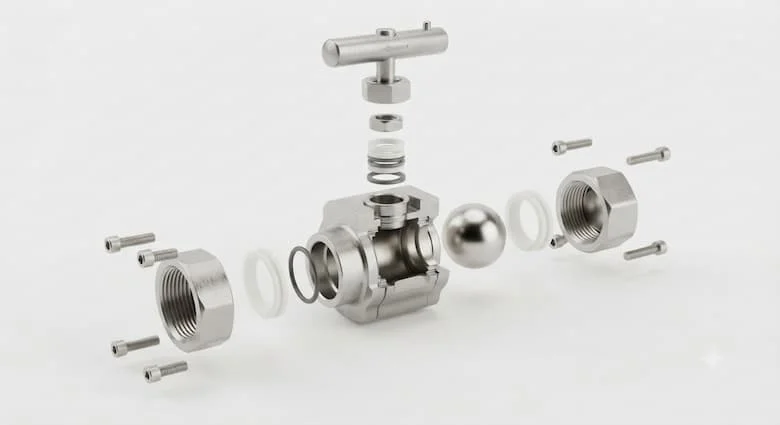 hình minh họa chi tiết dạng tháo rời của một van công nghiệp 1/4 inch (DN8), thể hiện thân van, bi hoặc đĩa, trục van, gioăng PTFE, vòng chữ O, các khớp nối ren BSP/NPT, tay cầm, đai ốc giữ, phớt và các bộ phận bên trong được gia công chính xác.