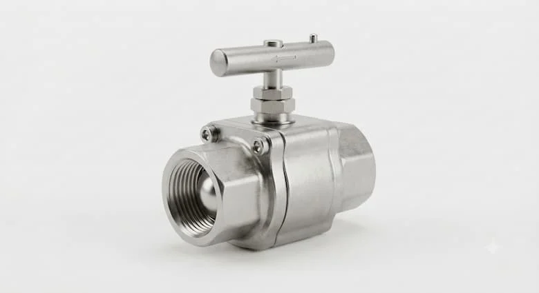bản dựng 3D sản phẩm siêu thực của một van công nghiệp 1/4 inch (DN8), với cấu trúc thép không gỉ được gia công chính xác, kết nối ren trong BSP/NPT, thiết kế công nghiệp nhỏ gọn, kỹ thuật cao cấp và lớp hoàn thiện kim loại chất lượng cao