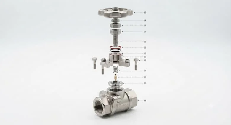 bản vẽ kỹ thuật 3D chi tiết dạng hình chiếu tách rời của một van tiết lưu công nghiệp (van điều khiển lưu lượng). Hiển thị tất cả các bộ phận bên trong một cách riêng biệt, bao gồm thân van, kim van, trục van, vít điều chỉnh, tay quay, gioăng làm kín, vòng chữ O, lò xo, đế van và các mối nối ren.