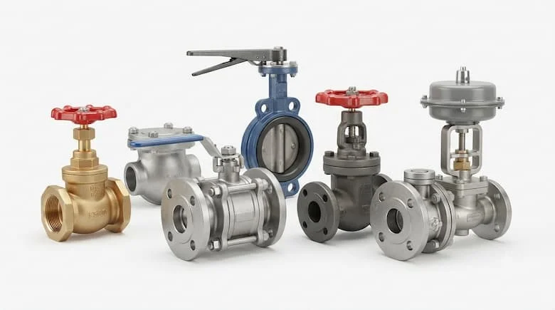 Bộ sưu tập các loại van công nghiệp cao cấp bao gồm van bi, van cổng, van bướm, van cầu, van một chiều và van điều khiển được sắp xếp trên nền studio màu trắng sạch sẽ