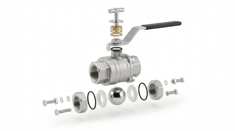 ản vẽ kỹ thuật chi tiết dạng tháo rời của một van công nghiệp 1 inch Bao gồm thân van, bi hoặc đĩa van, trục van, đế van, gioăng, vòng chữ O, miếng đệm, nắp van, bu lông, các mối nối ren và tay cầm