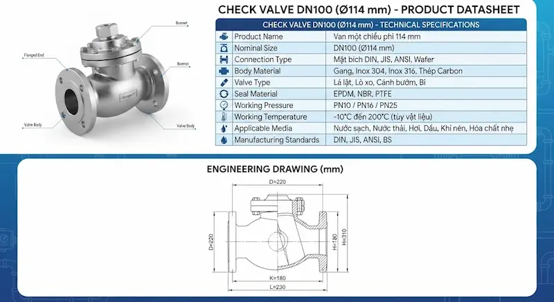 Thông số kỹ thuật quan trọng của van 1 chiều