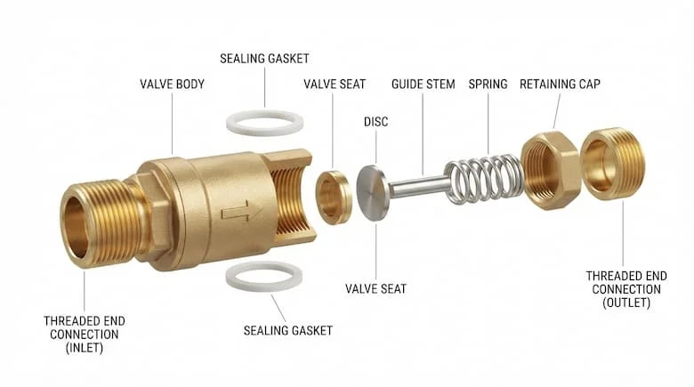 Hình ảnh chi tiết các bộ phận của van kiểm tra lò xo bằng đồng thau 27mm, thể hiện tất cả các thành phần bên trong, bao gồm thân van, lò xo, đĩa van, gioăng làm kín, đế van, trục dẫn hướng, các đầu nối ren và nắp giữ