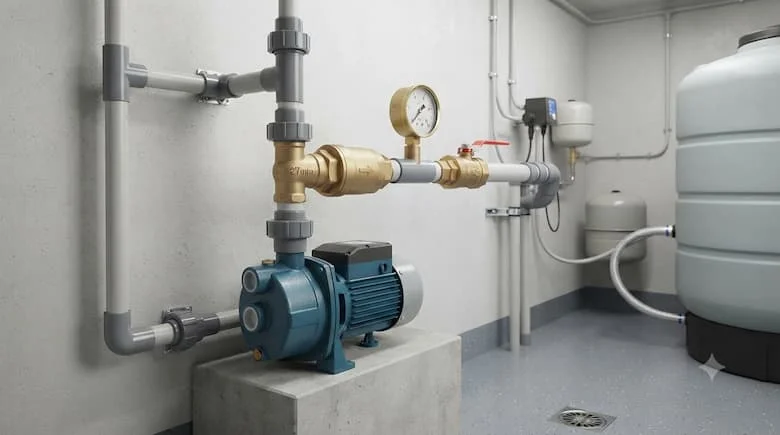 Hệ thống cấp nước sinh hoạt thực tế với van một chiều bằng đồng thau 27mm được lắp đặt sau máy bơm nước gia đình. Đường ống bao gồm ống PVC, đồng hồ đo áp suất, van bi, bồn chứa nước và các kết nối với máy bơm