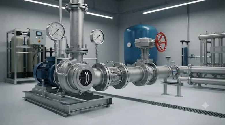 một cảnh lắp đặt công nghiệp thực tế với van kiểm tra hai tấm mỏng được lắp đặt trong hệ thống đường ống thép không gỉ hiện đại gần máy bơm ly tâm