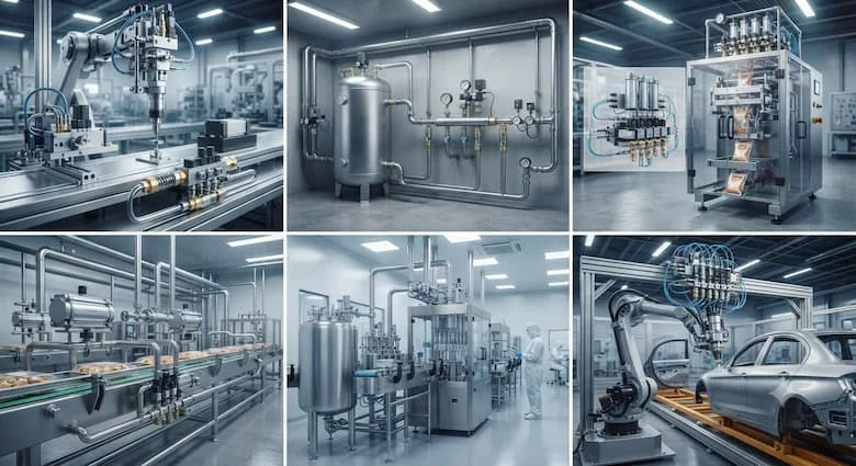 một bức tranh ghép công nghiệp thực tế minh họa các ứng dụng của van kiểm tra khí nén trong nhiều ngành công nghiệp khác nhau, bao gồm dây chuyền sản xuất tự động, hệ thống khí nén, máy đóng gói, nhà máy chế biến thực phẩm, nhà máy dược phẩm, dây chuyền lắp ráp ô tô và thiết bị tự động hóa công nghiệp