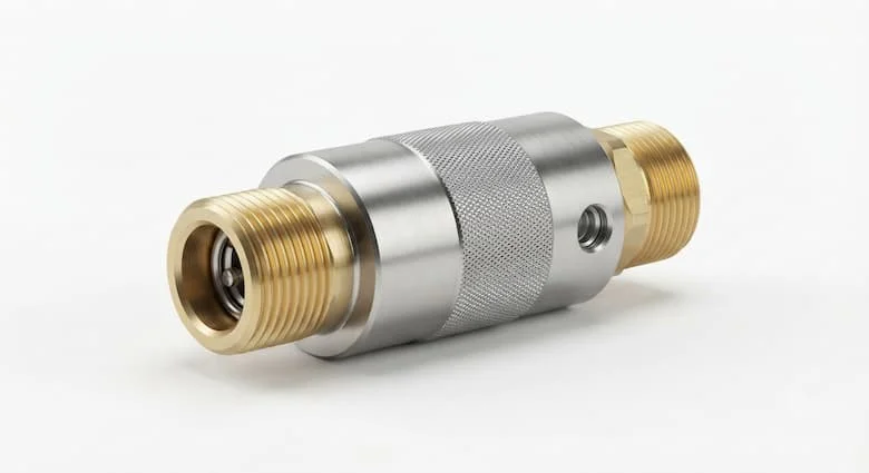 bản dựng 3D sản phẩm siêu thực của một van kiểm tra khí nén (van một chiều) làm bằng thép không gỉ và đồng thau, có các mối nối ren và các bộ phận được chế tạo chính xác