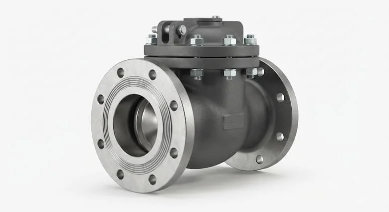 bản dựng 3D siêu thực của một van kiểm tra xoay công nghiệp với thân van có mặt bích làm bằng gang dẻo hoặc thép không gỉ. Van có đĩa bản lề, mặt bích được gia công chính xác, bu lông chất lượng cao, bề mặt làm kín bền bỉ và thiết kế công nghiệp mạnh mẽ.