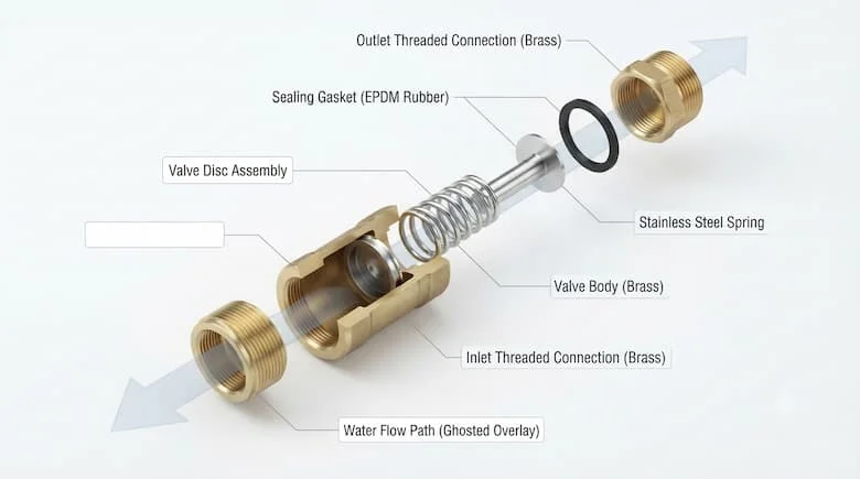 bản vẽ kỹ thuật 3D chi tiết dạng tách rời của van một chiều lò xo cho bơm tăng áp nước. Hiển thị tất cả các bộ phận bên trong bao gồm thân van bằng đồng thau