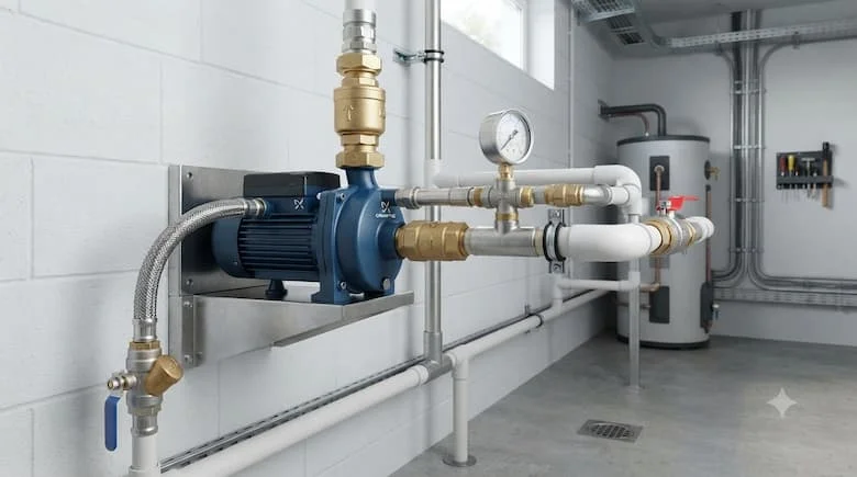 một hệ thống cấp nước sinh hoạt thực tế sử dụng máy bơm tăng áp trang bị van một chiều lò xo bằng đồng thau