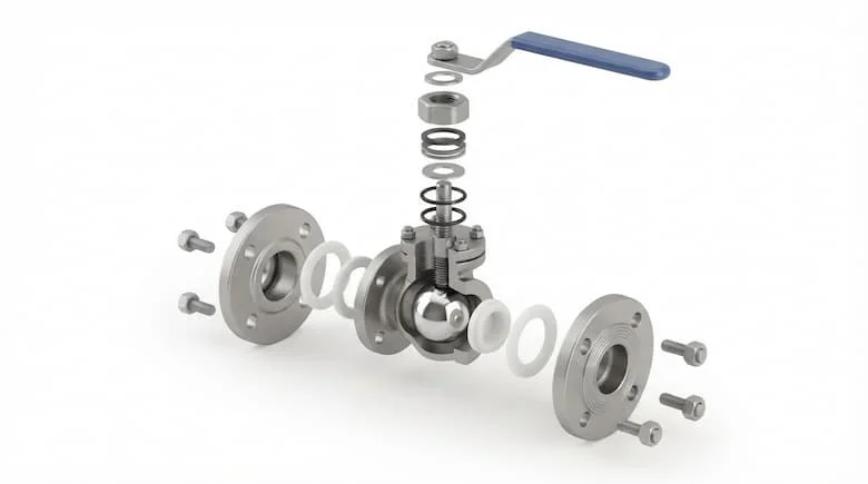 ao gồm thân van, bi van, trục van, gioăng PTFE, vòng chữ O, phớt, vòng đệm, nắp van, tay gạt, bu lông và các đầu nối ren hoặc mặt bích.