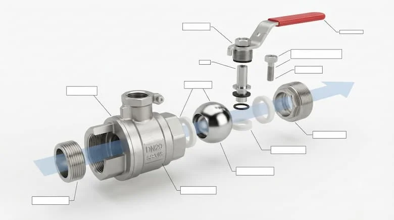 bản vẽ minh họa 3D chi tiết dạng cắt ngang của van DN20, thể hiện tất cả các bộ phận bên trong bao gồm thân van, bi hoặc đĩa, trục van, đế van, gioăng, tay cầm, đầu ren, nắp van và đường dẫn dòng chảy