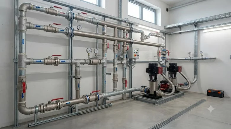 một mô hình lắp đặt đường ống nước và công nghiệp thực tế sử dụng van DN20 trong hệ thống cấp nước hiện đại.