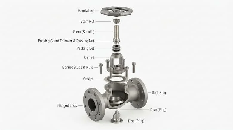 Hình ảnh chi tiết từng bộ phận của một van công nghiệp ANSI Class 300, thể hiện đầy đủ các thành phần bên trong, bao gồm thân van, nắp van, trục van, đĩa van, đế van, gioăng, vòng đệm, mặt bích, bu lông và tay quay