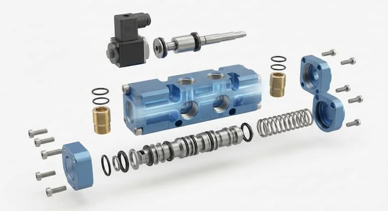 hình minh họa chi tiết dạng tháo rời của van điều khiển hướng khí nén 4/2, thể hiện thân van bằng nhôm, trục van, cuộn dây điện từ, lò xo hồi, phần ứng, gioăng, vòng chữ O, các cổng khí có ren (P, A, B, R) và các đường dẫn khí bên trong