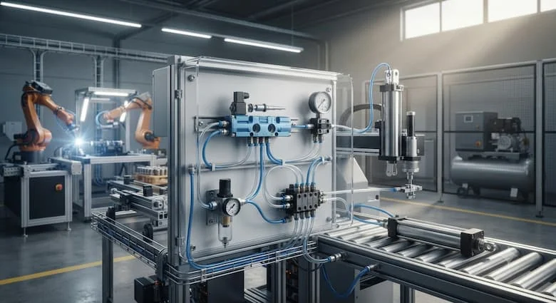 một khung cảnh công nghiệp thực tế thể hiện van điều khiển hướng khí nén 4/2 được lắp đặt trong hệ thống sản xuất tự động, điều khiển các xi lanh khí nén tác động kép, cánh tay robot, thiết bị băng tải, bộ lọc FRL, máy nén khí, đồng hồ đo áp suất và ống dẫn khí nén