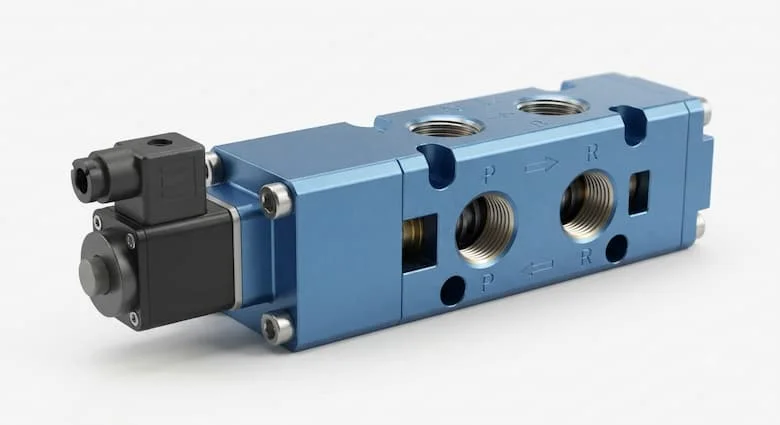 bản dựng 3D sản phẩm siêu thực của van điều khiển hướng khí nén 4/2 với thân bằng nhôm anod hóa gia công chính xác, cuộn dây điện từ tích hợp, bốn cổng khí có ren và cấu trúc đạt tiêu chuẩn công nghiệp. Hiển thị van trên nền trắng sạch với ánh sáng studio chuyên nghiệp, bóng đổ mềm mại