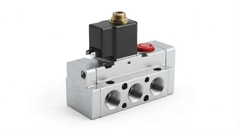Van điều khiển hướng bằng điện từ khí nén công nghiệp cao cấp 5/2 với thân bằng hợp kim nhôm, cuộn dây điện từ màu đen, nút ghi đè thủ công, cổng khí có ren và thiết kế mô-đun nhỏ gọn