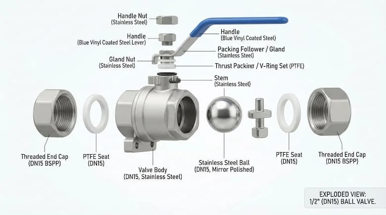bản vẽ kỹ thuật chi tiết dạng hình chiếu tháo rời của van bi 1/2 inch (van bi DN15). Hiển thị tất cả các bộ phận bên trong được tách rời và dán nhãn, bao gồm thân van, bi thép không gỉ, trục van, gioăng PTFE, phớt trục van, vòng chữ O