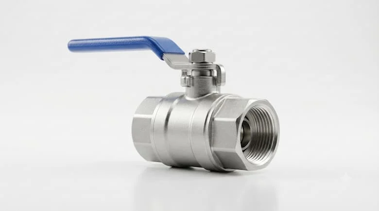 ảnh sản phẩm chất lượng cao trong studio cho van bi 1/2 inch (van bi DN15) với thân bằng thép không gỉ được đánh bóng và tay cầm màu xanh lam