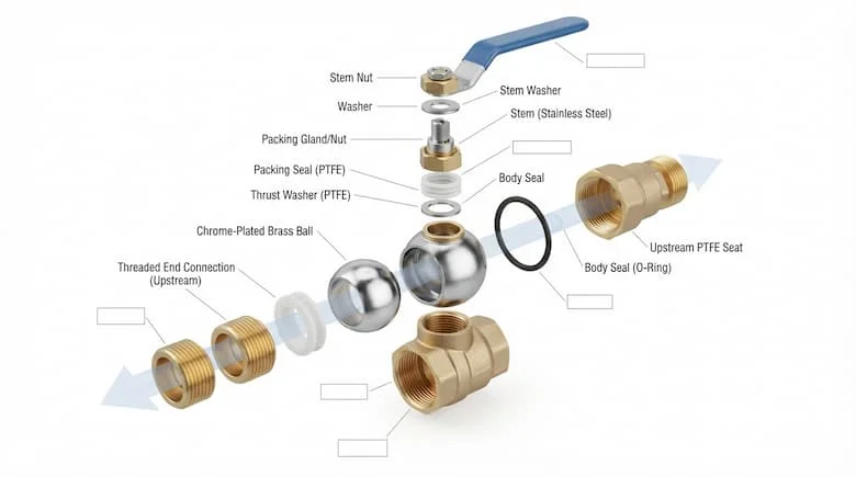 bản vẽ kỹ thuật 3D chi tiết dạng tách rời của van bi bằng đồng thau DN15 (1/2 inch). Hiển thị tất cả các bộ phận bên trong bao gồm thân van, bi bằng đồng thau mạ crom với lỗ mở toàn phần, trục bằng thép không gỉ, gioăng PTFE