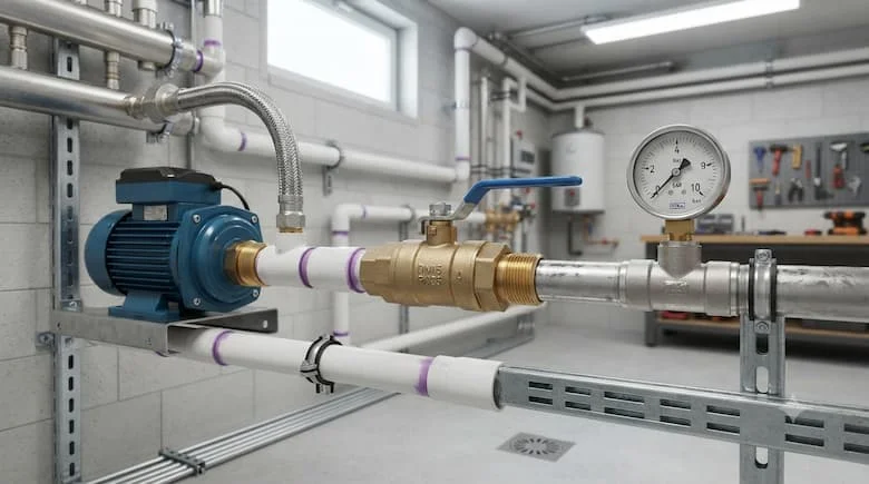 một hệ thống đường ống nước dân dụng và công nghiệp thực tế sử dụng van bi bằng đồng thau DN15 (1/2 inch) được lắp đặt trên đường ống dẫn nước. Thể hiện van được kết nối với ống PVC và ống thép không gỉ bằng các khớp nối ren, đồng hồ đo áp suất, máy bơm nước