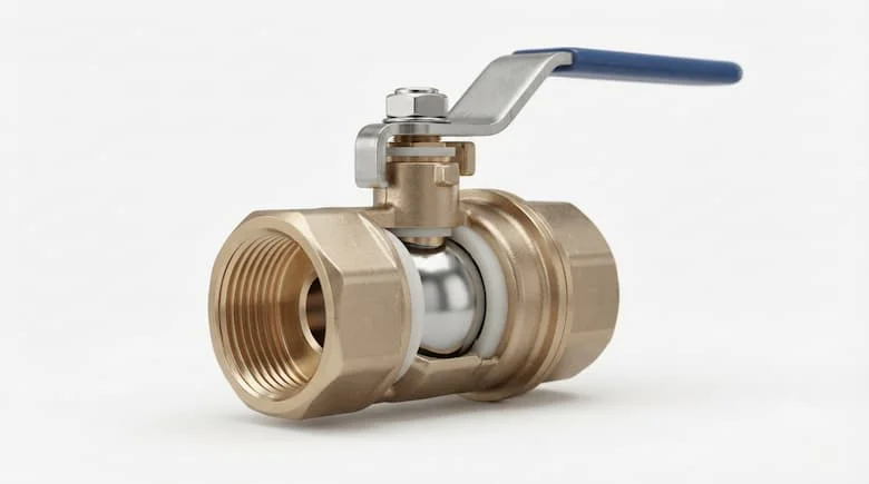 một van bi bằng đồng thau DN15 (1/2 inch) cực kỳ chân thực với các kết nối ren trong, được thiết kế cho hệ thống cấp nước dân dụng và công nghiệp. Hiển thị van riêng biệt trên nền trắng sạch với tay cầm ở vị trí mở một nửa