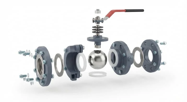 thể hiện các bộ phận bên trong bao gồm thân van, bi thép không gỉ, trục van, gioăng PTFE, vòng đệm, miếng đệm, nắp van, khớp nối mặt bích và tay cầm