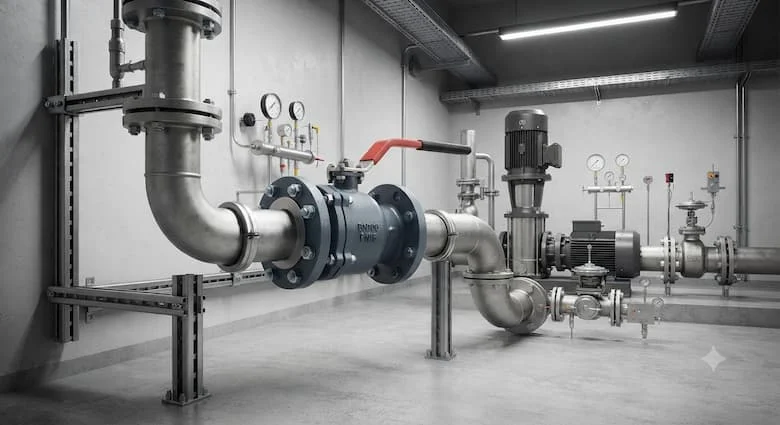 Van bi mặt bích DN100 được lắp đặt trong hệ thống đường ống công nghiệp hiện đại bên trong một nhà máy sản xuất