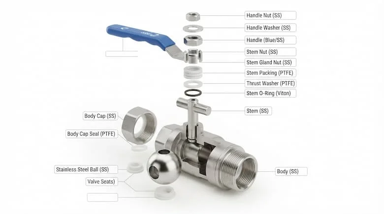 bản vẽ kỹ thuật 3D chi tiết dạng tách rời của van bi ren bằng thép không gỉ. Hiển thị tất cả các bộ phận bên trong bao gồm thân van, bi thép không gỉ, trục van, gioăng PTFE
