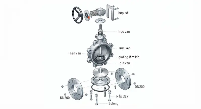 Cấu tạo chi tiết của van bướm