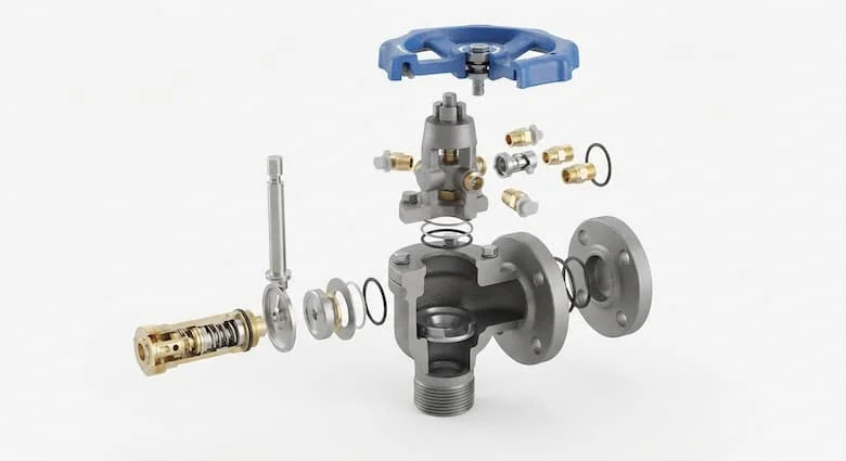 Hình minh họa 3D cắt ngang thực tế của một van cân bằng công nghiệp, thể hiện tất cả các bộ phận bên trong bao gồm thân van, tay quay, trục van, đĩa van, cơ cấu cân bằng, cổng đo, gioăng, nắp van và các kết nối mặt bích
