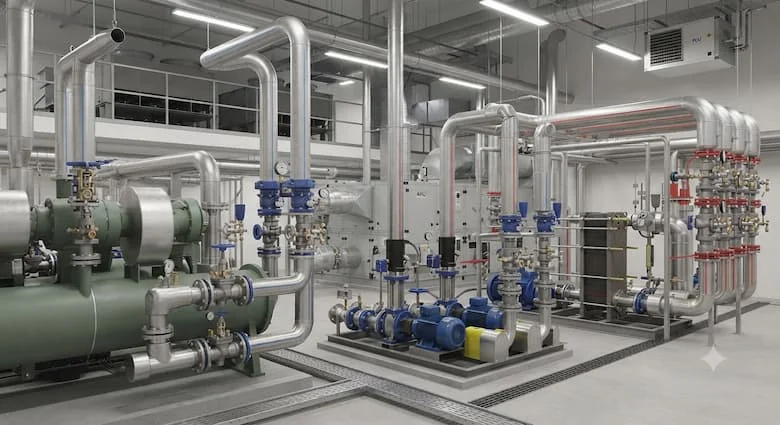 Một phòng máy móc công nghiệp với các van cân bằng được lắp đặt trên hệ thống đường ống nước lạnh và nước nóng kết nối với máy làm lạnh, máy bơm, AHU, FCU, bộ trao đổi nhiệt và tháp giải nhiệt. Phòng máy HVAC hiện đại với đường ống bằng thép không gỉ, ánh sáng chân thực, hình ảnh kỹ thuật công nghiệp chi tiết cao,