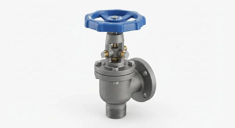 Ảnh chụp chuyên nghiệp độ phân giải cao của một van cân bằng công nghiệp cao cấp (van cân bằng bằng tay) làm bằng gang với tay quay màu xanh lam, có các tùy chọn kết nối ren và mặt bích