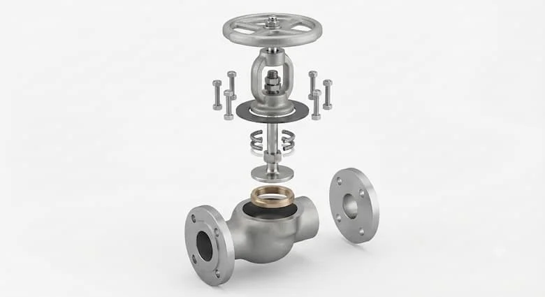 bản vẽ kỹ thuật 3D chi tiết dạng hình chiếu tách rời của một van cầu công nghiệp. Hiển thị tất cả các bộ phận bên trong được tách rời theo thứ tự lắp ráp, bao gồm thân van, nắp van, trục van, đĩa van, vòng đệm, tay quay, gioăng làm kín, vòng đệm, bu lông và các mối nối mặt bích
