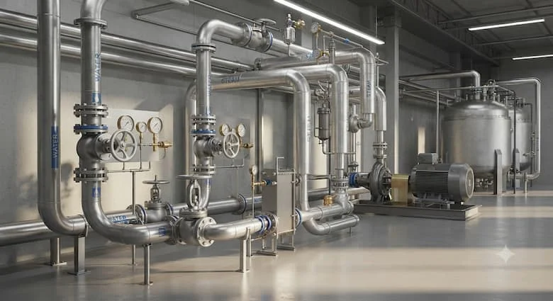 một cảnh công nghiệp chân thực với nhiều van cầu được lắp đặt trong hệ thống đường ống hiện đại bên trong một nhà máy sản xuất. Thể hiện các đường ống bằng thép không gỉ, đường dẫn hơi nước, máy bơm, đồng hồ đo áp suất, bộ trao đổi nhiệt và thiết bị xử lý công nghiệp