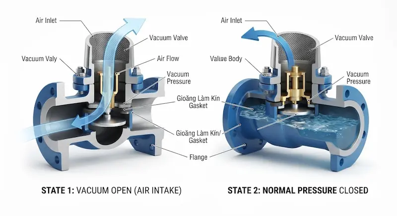 Nguyên lý hoạt động đóng mở của Vacuum Breaker Valve
