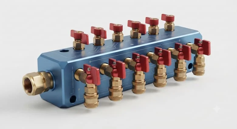 bản dựng 3D sản phẩm siêu thực của một van phân phối khí nén (van đa chiều khí) làm bằng nhôm anod hóa và đồng thau với nhiều cổng đầu ra có ren và các van bi đóng mở riêng biệt