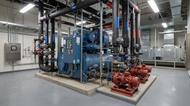 một hệ thống làm lạnh HVAC công nghiệp thực tế được lắp đặt bên trong phòng máy của một tòa nhà thương mại hiện đại
