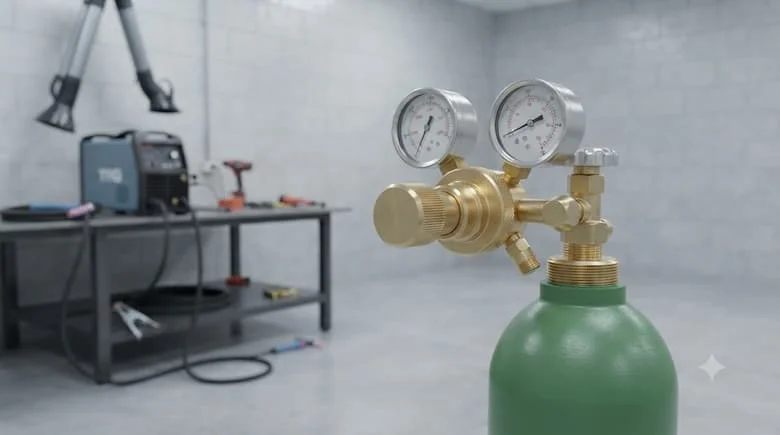 Bộ điều chỉnh oxy cao cấp gắn trên bình oxy áp suất cao, có hai đồng hồ đo áp suất, thân điều chỉnh bằng đồng thau, núm điều chỉnh áp suất, van an toàn và kết nối ren chính xác.