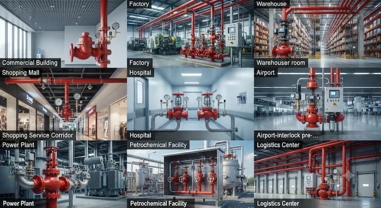 một bức tranh ghép công nghiệp chân thực thể hiện các van phòng cháy chữa cháy tự động được sử dụng trong các tòa nhà thương mại, nhà máy, nhà kho, trung tâm mua sắm, bệnh viện, sân bay, nhà máy điện, cơ sở hóa dầu và trung tâm hậu cần