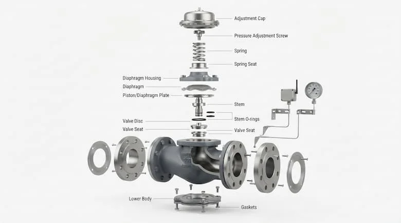 Hình ảnh kỹ thuật 3D chi tiết cao của một van cơ khí thông minh, thể hiện tất cả các bộ phận bên trong bao gồm thân van, màng ngăn, lò xo, piston, đĩa van, trục van, gioăng, vòng chữ O, vít điều chỉnh áp suất