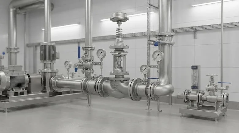 Van điều áp cơ khí thông minh được lắp đặt trong hệ thống cấp nước hiện đại bên trong một nhà máy công nghiệp