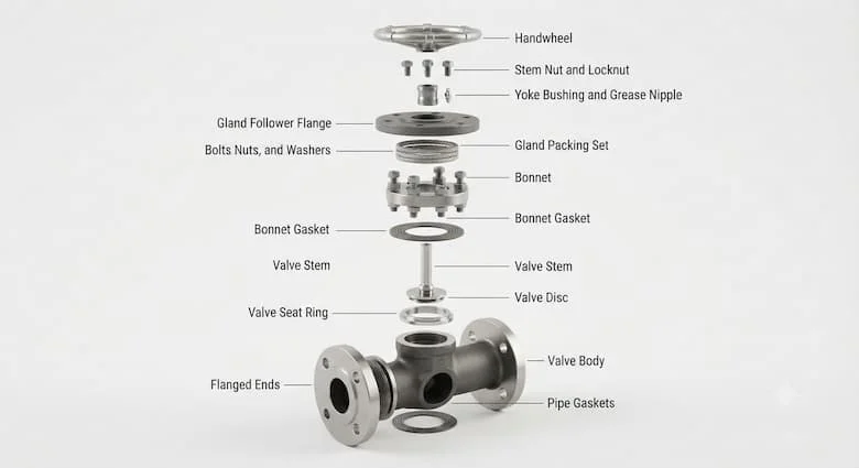 bản vẽ kỹ thuật chi tiết dạng hình chiếu tách rời của van công nghiệp Cook, thể hiện tất cả các bộ phận bên trong bao gồm thân van, nắp van, trục van, đĩa van, đế van, gioăng, vòng đệm, bu lông, tay quay hoặc cần gạt, các mối nối mặt bích và các phụ kiện lắp đặt.